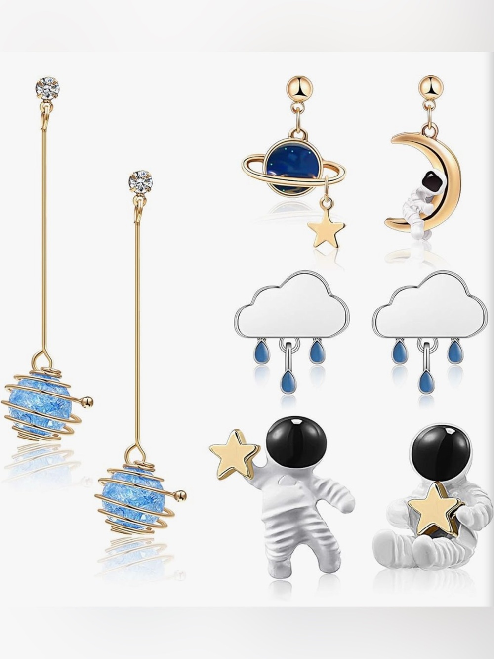 ❤️4 Pairs Space Astronaut Themed Earring Set Blue Gold White Novelty Jewelry